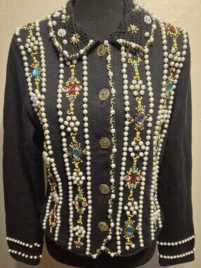 Vintage MICHAEL SIMON Sweater CARDIGAN Ramie & Cotton BLACK Sz S BEADED Jeweled